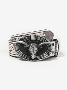 男士黃牛頭部裝飾皮帶 - 白色 - 查看 1