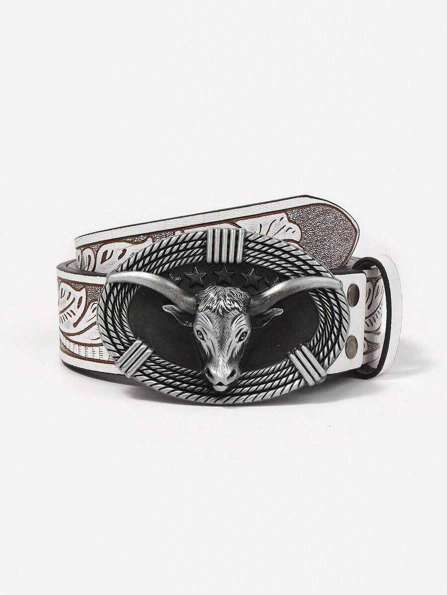 男士黃牛頭部裝飾皮帶 - 白色 - 查看 1