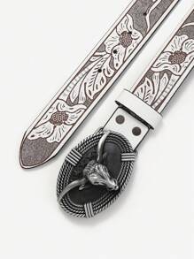 男士黃牛頭部裝飾皮帶 - 白色 - 查看 3