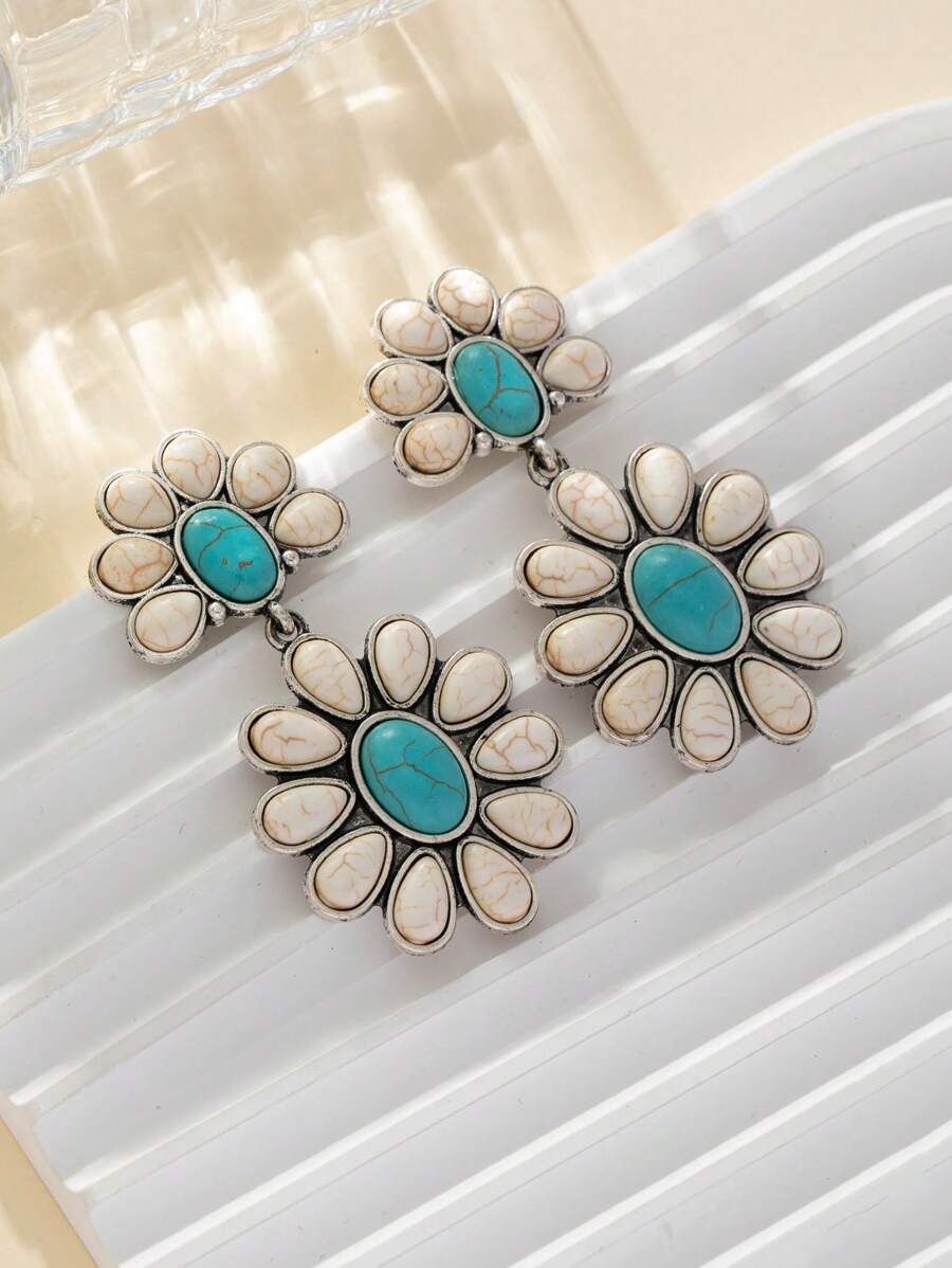 1對時尚鋅合金綠松石色花朵裝飾耳墜適合女士日常裝飾 - 彩色 - 查看 1