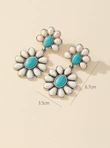 1對時尚鋅合金綠松石色花朵裝飾耳墜適合女士日常裝飾 - 彩色 - 查看 3