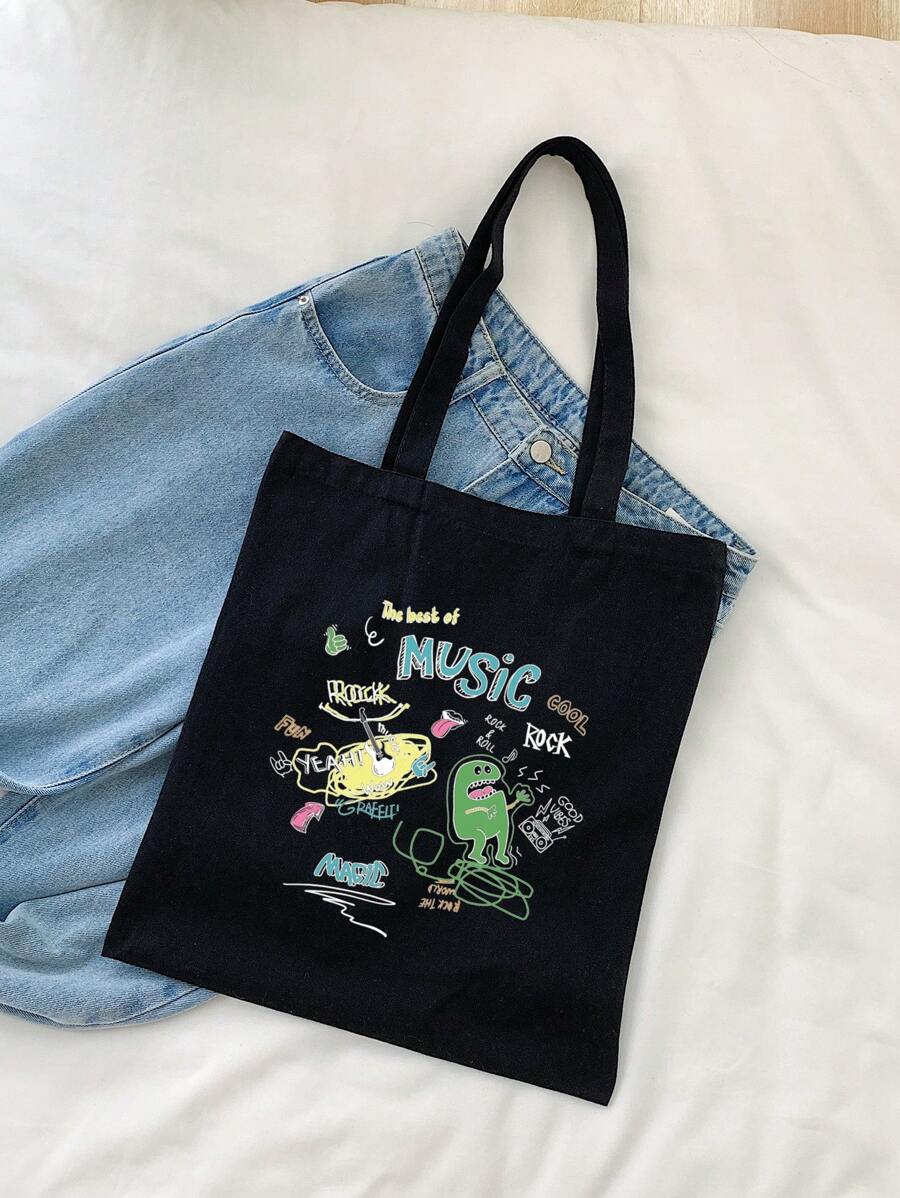Small Shopper Bag Cartoon Pattern - Black - View 1