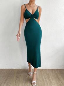 Chiquease Cut Out Waist Cami Bodycon Dress Maxi Women Outfit - Teal Blue - View 4