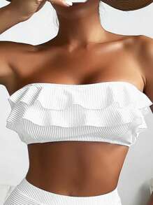 Top de bikini de bandeau con volantes en color sólido para el verano - Blanco - Ver 1
