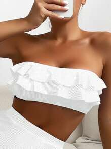 Top de bikini de bandeau con volantes en color sólido para el verano - Blanco - Ver 4