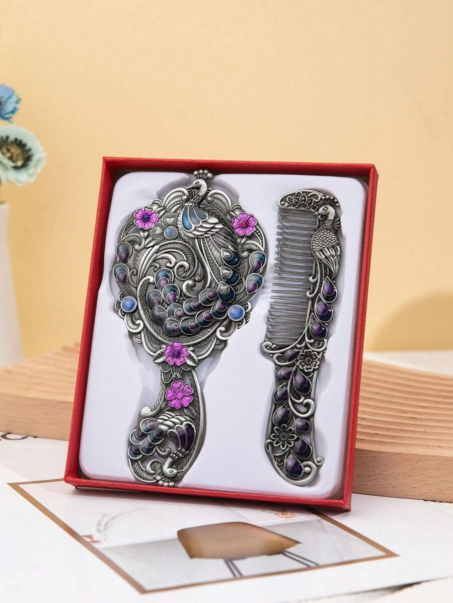 Bộ 2 chiếc gương và lược trang trí hoa - Nhiều màu - Xem 1