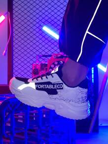 男士繫帶反光細節字母織帶裝飾粗運動戶外網紗運動鞋 - 黑與白 - 查看 2