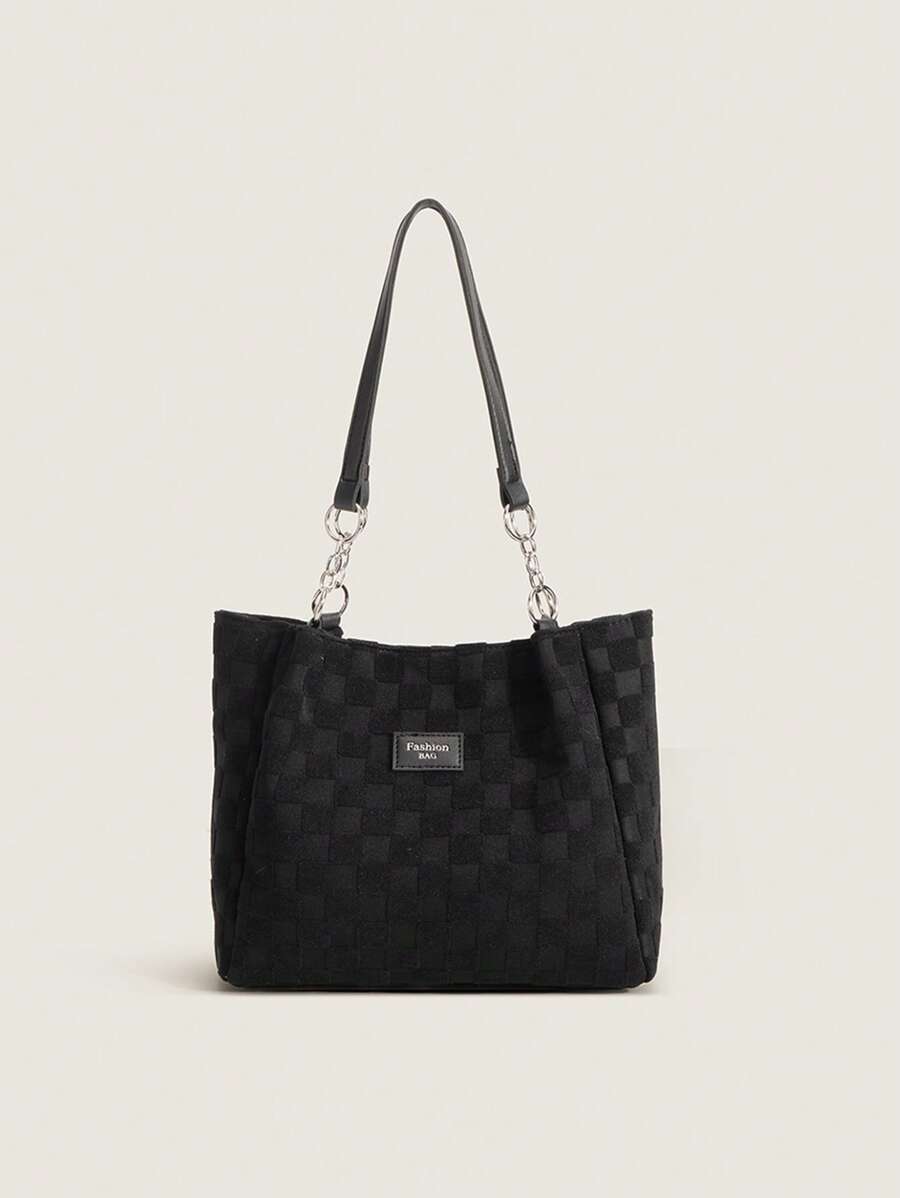 Của phụ nữ tranh sơn dầu Giải trí Dung lượng lớn Túi tote đeo vai Túi Satchel Bàn cờ Mẫu Thư Patch trang trí Túi tote đeo vai - màu đen - Xem 1