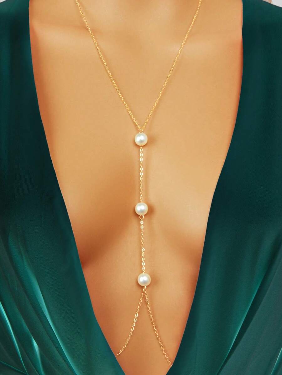 Faux Pearl Decor Body Chain - Yellow Gold - View 1