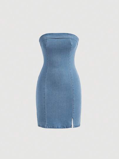 SHEIN MOD Blue Summer Bodycon Dress Split Hem Tube Denim Dress