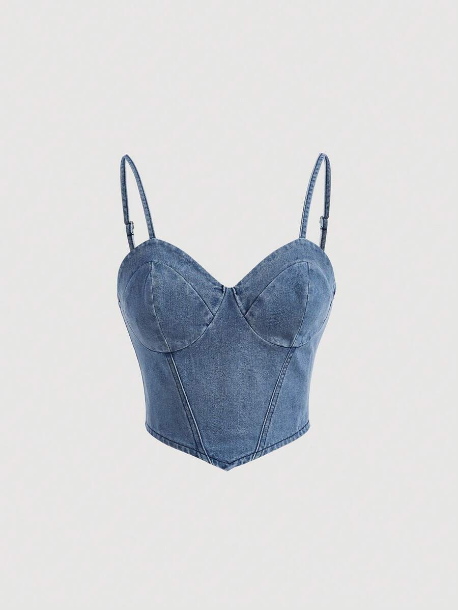 SHEIN MOD Hanky Hem Bustier Cami Denim Top - Light Wash - View 1