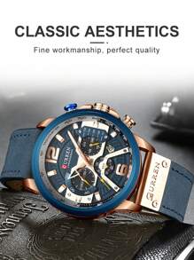 Curren 1pc Men Blue PU Polyurethane Strap Fashion Round Dial Date Quartz Watch, For Daily Decoration Father As A Gift For Students Returning To School