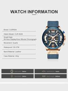 Curren 1pc Men Blue PU Polyurethane Strap Fashion Round Dial Date Quartz Watch, For Daily Decoration Father As A Gift For Students Returning To School