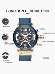 Curren 1pc Men Blue PU Polyurethane Strap Fashion Round Dial Date Quartz Watch, For Daily Decoration Father As A Gift For Students Returning To School
