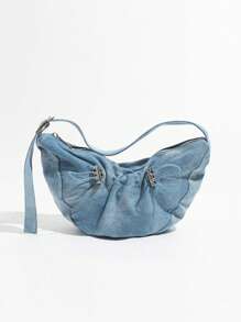 Bolso de lona y denim de diseño único, bolso de hombro plisado versión coreana 2024, bolso bandolera de cuadros a cuadros - Azul - Ver 1