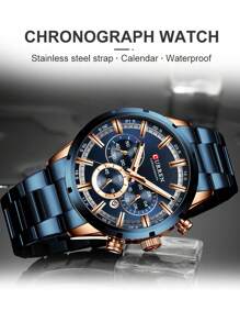 CURREN 1 件男士蓝色时尚运动计时码表和日历防水圆形石英表，适合日常生活父亲作为返校学生的礼物 - 藍色 - 查看 4