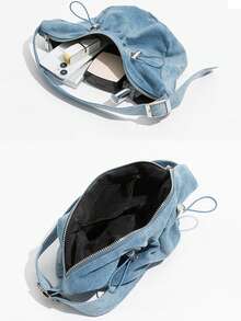 Bolso de lona y denim de diseño único, bolso de hombro plisado versión coreana 2024, bolso bandolera de cuadros a cuadros - Azul - Ver 3