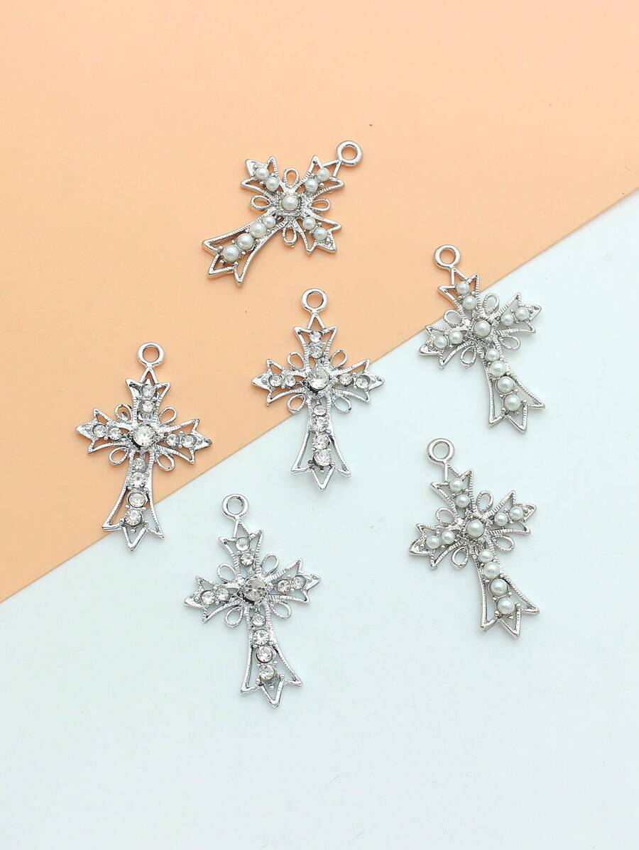 6入組/套隨機魅力四射鋅合金水鑽十字DIY吊墜適合女士DIY首飾製作 - 白色 - 查看 1