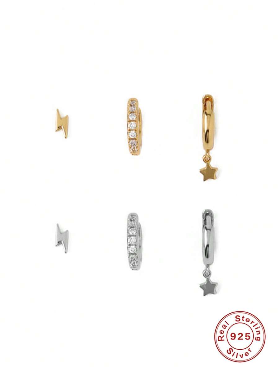 3入組/套時尚方晶鋯石和閃電裝飾銀耳環適合女士日常裝飾 - 銀色 - 查看 1