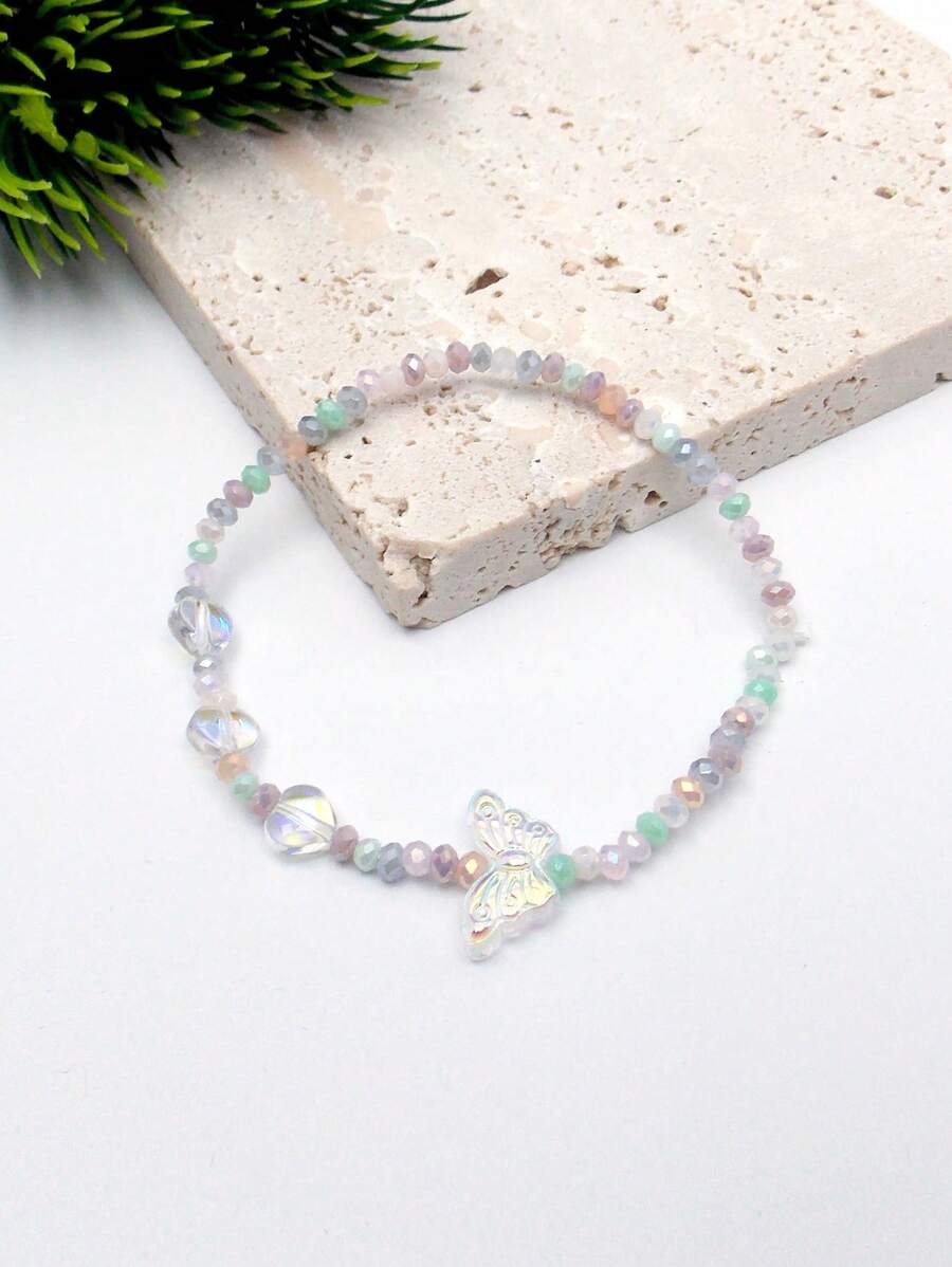 1入組時尚人造水晶心和蝴蝶裝飾串珠手鏈適合女士適用於日常 - 彩色 - 查看 1