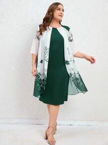 SHEIN LUNE Đầm Plus Size Trọn gói Hoa Boho - Màu xanh lá cây đậm - Xem 1