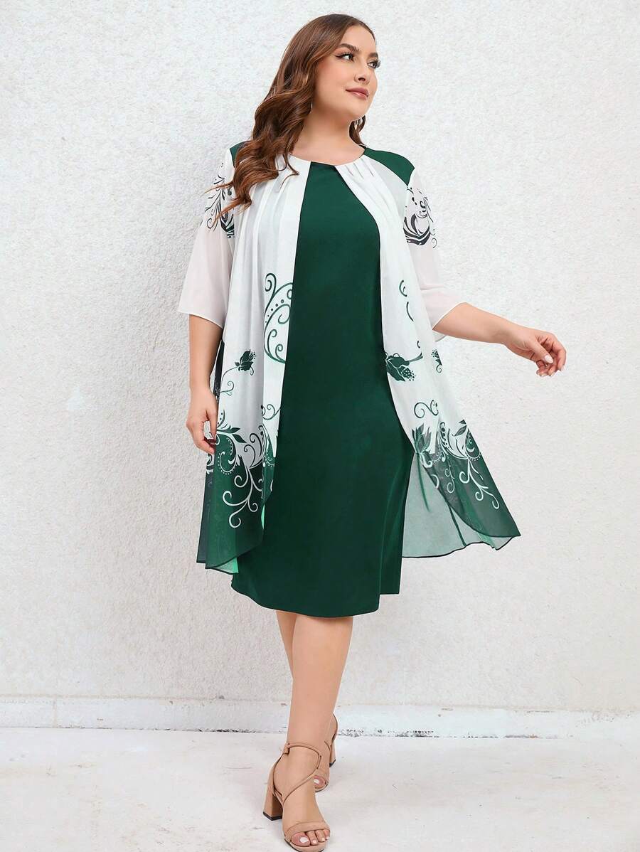 SHEIN LUNE Đầm Plus Size Trọn gói Hoa Boho - Màu xanh lá cây đậm - Xem 1