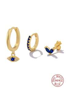 3件套时尚立方氧化锆眼睛装饰银耳环，适合女性日常佩戴和节日装饰 - 金色 - 查看 4