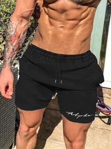 Manfinity Homme Men Letter Graphic Drawstring Waist Shorts Graphic Vacation Beach Drawstring Shorts, For Husband, Boyfriend Gifts - Black - View 1