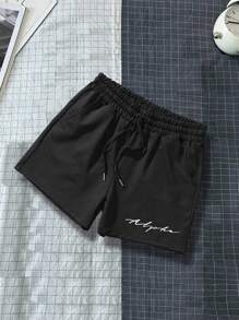 Manfinity Homme Men Letter Graphic Drawstring Waist Shorts Graphic Vacation Beach Drawstring Shorts, For Husband, Boyfriend Gifts - Black - View 6