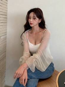 DAZY Áo lưới hở trước tay bèo nhún trơn không có áo hai dây, áo đi chơi, áo voan mỏng, quần áo trở lại trường - Màu be - Xem 3