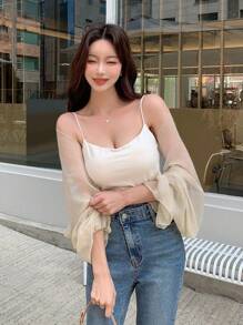 DAZY Áo lưới hở trước tay bèo nhún trơn không có áo hai dây, áo đi chơi, áo voan mỏng, quần áo trở lại trường - Màu be - Xem 7