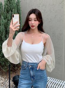 DAZY Áo lưới hở trước tay bèo nhún trơn không có áo hai dây, áo đi chơi, áo voan mỏng, quần áo trở lại trường - Màu be - Xem 8