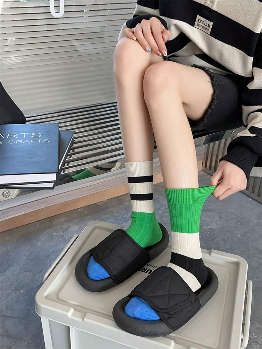 1 par de calcetines deportivos de mujer con diseño de rayas de moda para la vida diaria, calcetines de otoño - Multicolor - Ver 1