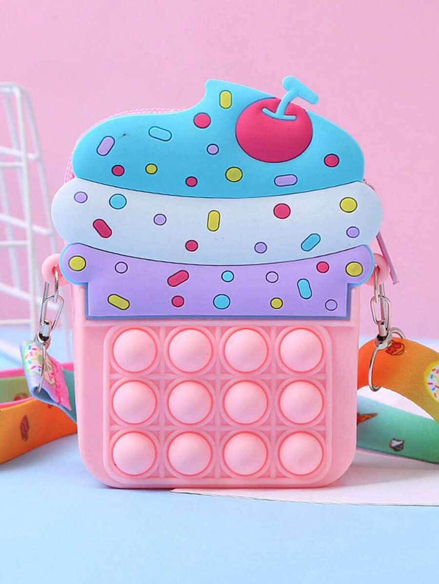 1 件儿童硅胶冰淇淋形拉链零钱包、斜挎包，适合户外使用 - 粉色 - 查看 1