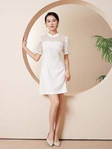 Vestido unicolor con encaje sin vestido de tirantes - Blanco - Ver 3