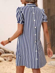 SHEIN LUNE Striped Print Button Back Puff Sleeve Shirt Dress - Blue and White - View 1