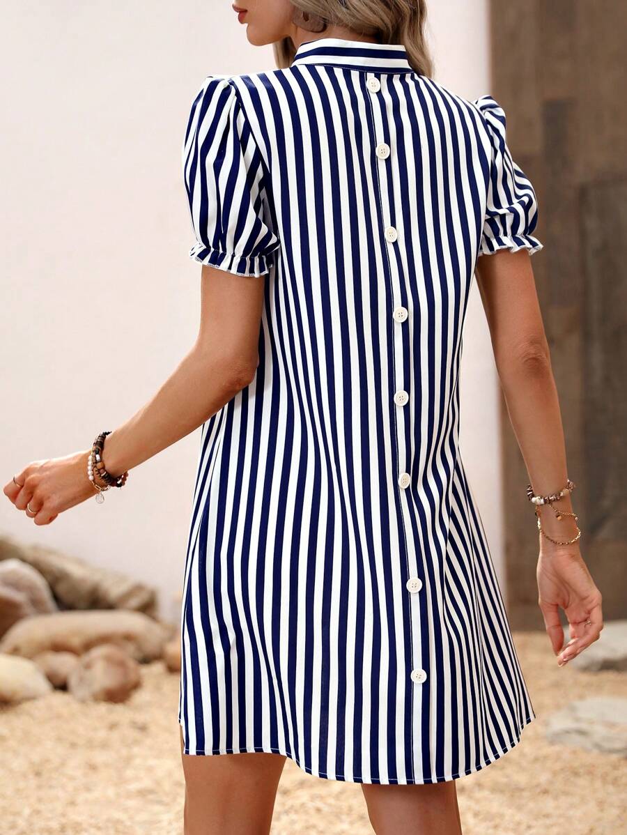 SHEIN LUNE Striped Print Button Back Puff Sleeve Shirt Dress - Blue and White - View 1