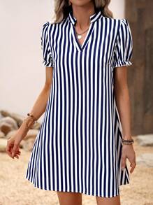 SHEIN LUNE Striped Print Button Back Puff Sleeve Shirt Dress - Blue and White - View 2