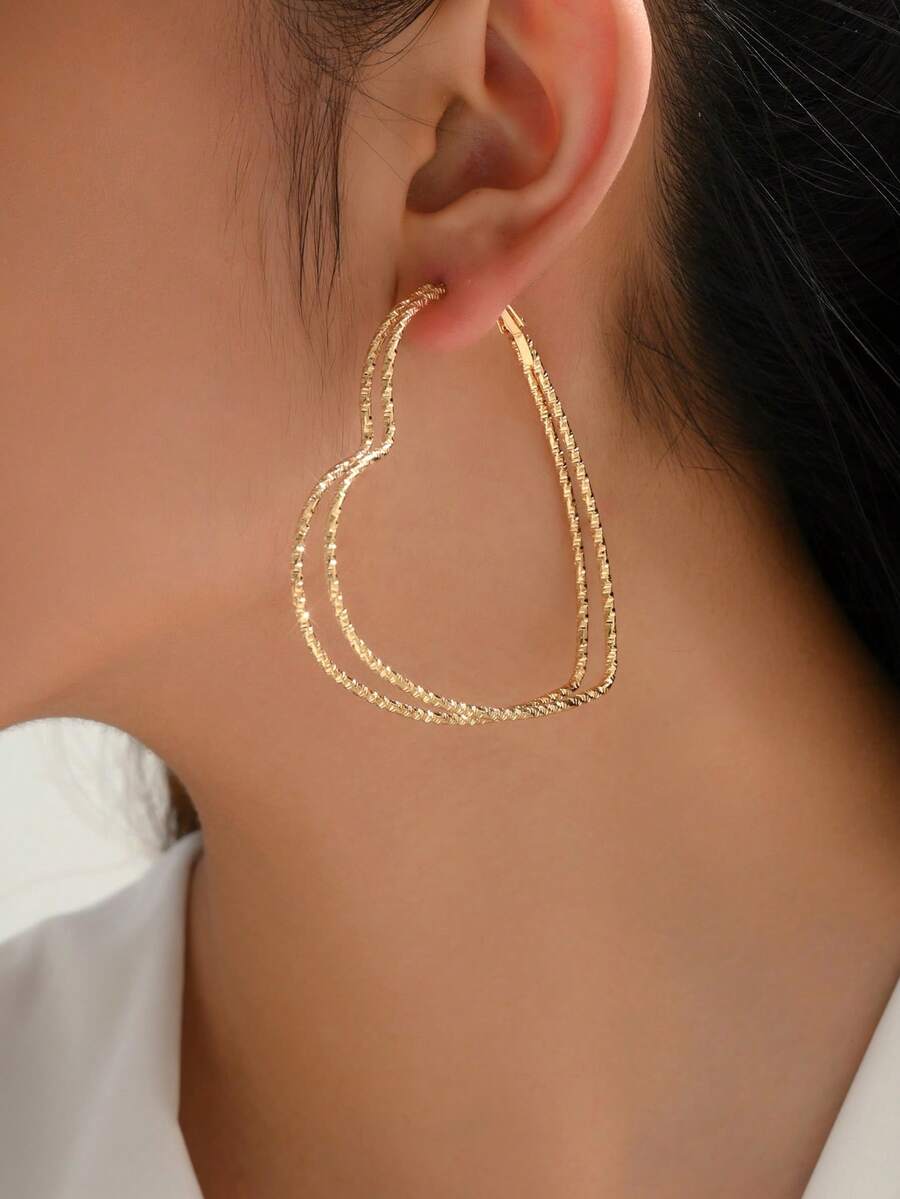 愛心設計圓耳環 - 金黃色 - 查看 1