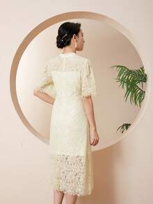 小高領荷葉袖蕾絲覆蓋連衣裙 - 黃色 - 查看 2