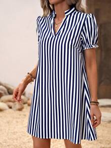 SHEIN LUNE Striped Print Button Back Puff Sleeve Shirt Dress - Blue and White - View 4
