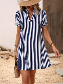 SHEIN LUNE Striped Print Button Back Puff Sleeve Shirt Dress - Blue and White - View 5