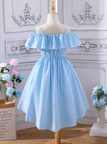 波西米亞花卉印花女童連衣裙揉皺 貼花 - 淺藍色 - 查看 2