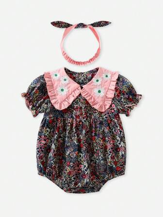 Europeiska och amerikanska Stil Bebis Flicka Ditsy Blommig Kontrast Färg Kroppsuits