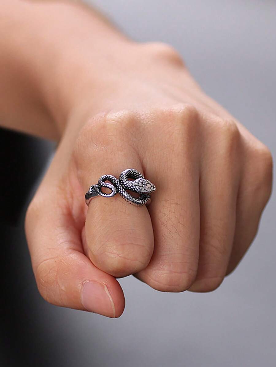 1入組前衛鋅合金蛇設計開口戒指適合男士女士日常裝飾 - 復古銀色 - 查看 1