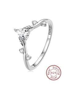 1入組時尚樹葉和方晶鋯石裝飾銀戒指適合女士日常裝飾 - 銀色 - 查看 1