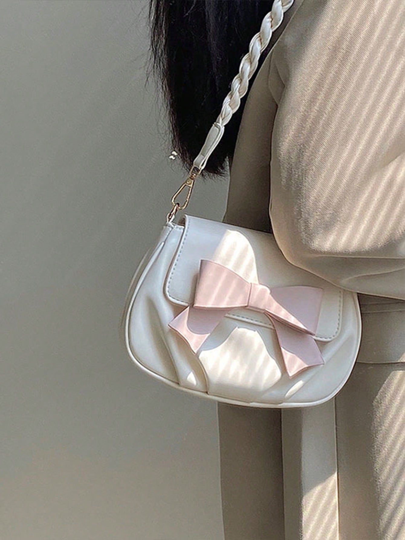 Small Saddle Bag Bow Decor Ruched Detail, Trendy Bow Purse For Women