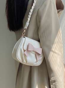 小型马鞍包蝴蝶结装饰褶皱细节，时尚蝴蝶结女士钱包