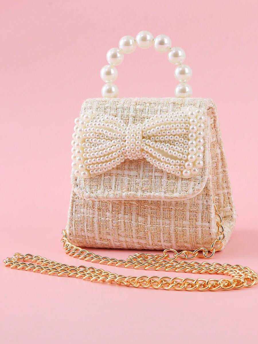 1pc Mini Cute Kids' Pearl Handbag, Girls' Fashionable Pearl & Bowknot Detail Crossbody Bag For Snacks And Coins, Princess Accessories - Beige - View 1