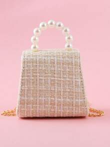 1pc Mini Cute Kids' Pearl Handbag, Girls' Fashionable Pearl & Bowknot Detail Crossbody Bag For Snacks And Coins, Princess Accessories - Beige - View 2